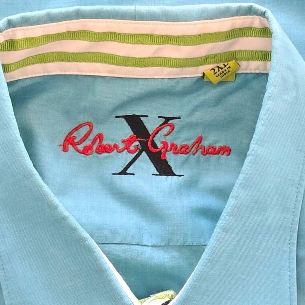 Robert Graham X Button Down Shirt 2XL Turquoise Green Striped Flip‎ Cuff Plaid - Picture 4 of 7